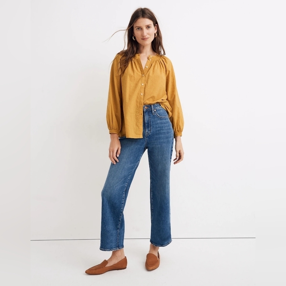 Madewell Floral EmbroideredMustard Yellow  Smocked Neck Raglan Top XXS